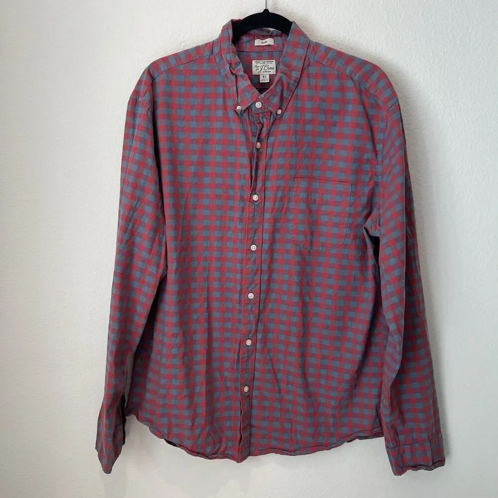 J Crew Button Down Shirt Mens XL Slim Fit Red Blue Plaid Long Sleeve Organic